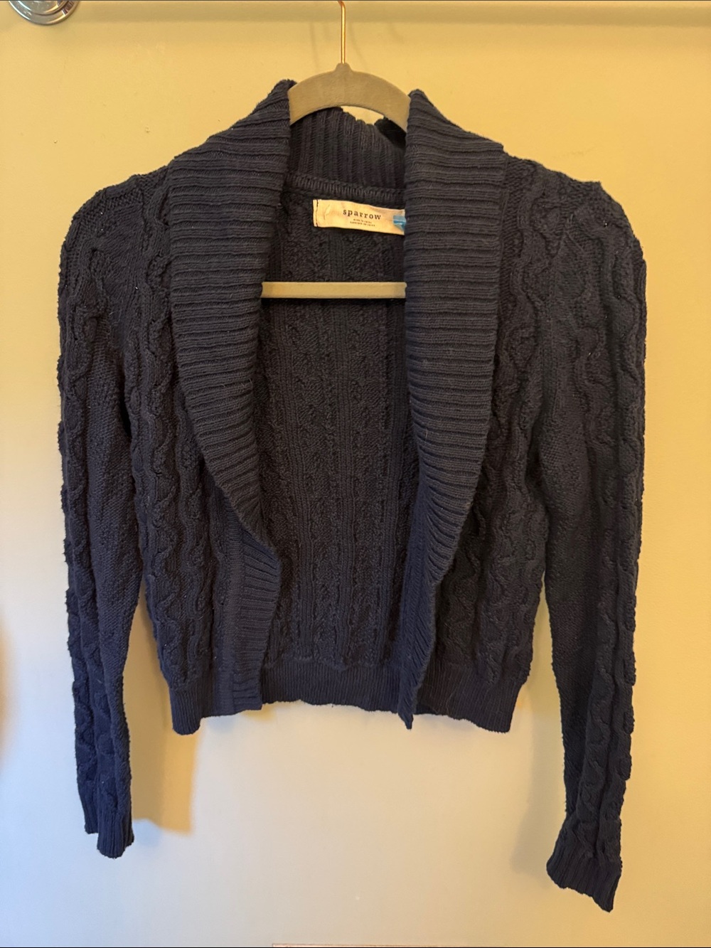 sparrow Navy Cable-Pattern Open-Front Shawl Cardigan